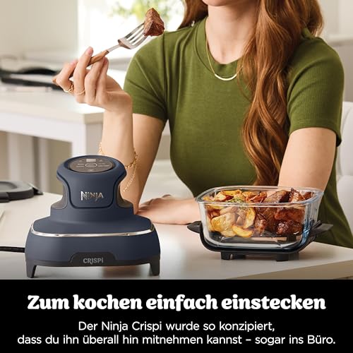 Ninja CRISPi tragbare Air fryer Heißluftfritteuse, 3,8 l, 4-in-1: Heißluftfrittieren, Braten, Warmhalten, Recrisp, kompakt, 6 Portionen, 2x herausnehmbare Glasbehälter & Deckel, 1700W, Grau FN101EUGY