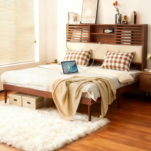 VINGLI Full Size Bed Frame with Bookcase Headboard