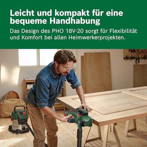 Bosch 18V System Akku-Hobel PHO 18V-20 (Flexibles Hobeln aus verschiedenen Winkeln; einfacher Messerwechsel; inkl. Staubbeutel)