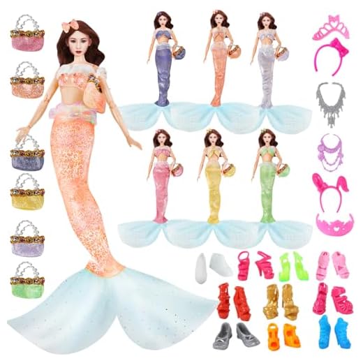 Mermaid Doll Dress for 11.5 Inch Dolls Clothes - Mermaid Doll Swimsuit Include 6 Sets Mermaid Bikini 6 Mermaid Tail 6 Handbags 6 Crown 10 Shoes, Doll Clothing and Accessories Outfits for Girls Gift