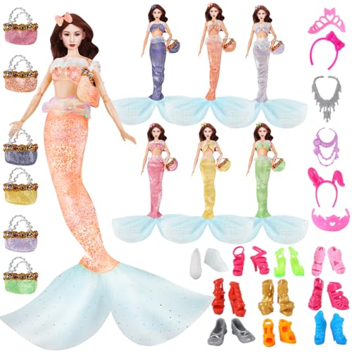 MLcnleS 29Pcs Mermaid Dress for 11.5 Inch Dolls, Include 6 Sets Bikini Swimsuit 6 Tail 6 Handbags 6 Crown 10 Shoes, 11.5'' Doll Clothes and Accessories for Girls Doll Present Christmas