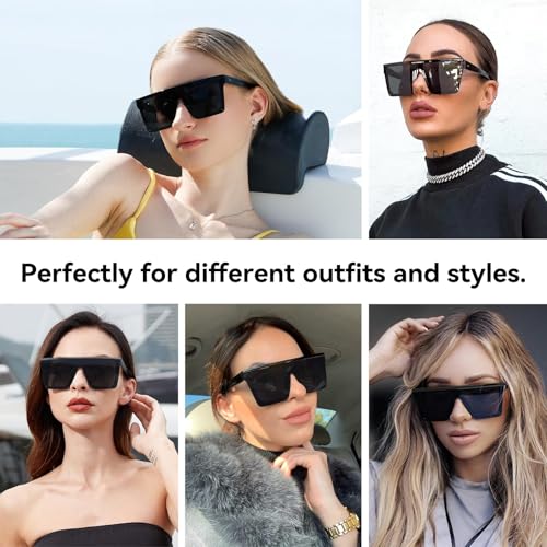Square Oversized Sunglasses for Women and Men, Fashion Flat Top Black Frame, Large Retro Shades3