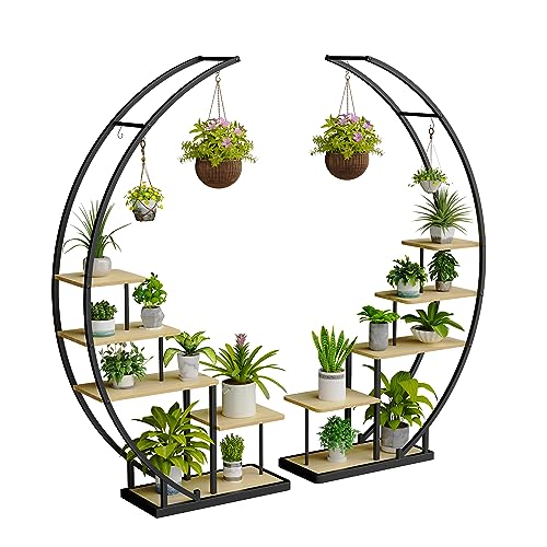 Ribelli Présentoir à plantes en métal à 5 niveaux en forme de demi-lune 172 cm, étagère à plantes avec 5 tablettes et crochets, grand présentoir à plantes avec protection anti-basculement pour balcon