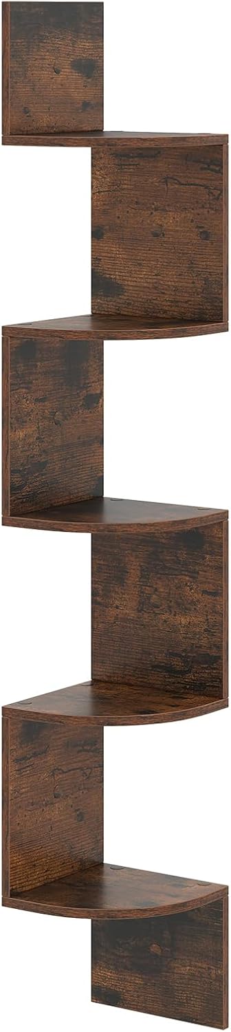 Corner Shelf Wall Mounted, 5-Tier Hanging Bookcase, Wood Storage Organizer, Modern Display Rack, Corner Floating Shelves for Bedroom, Living Room, Kitchen, Home Office (1, Rustic Brown)