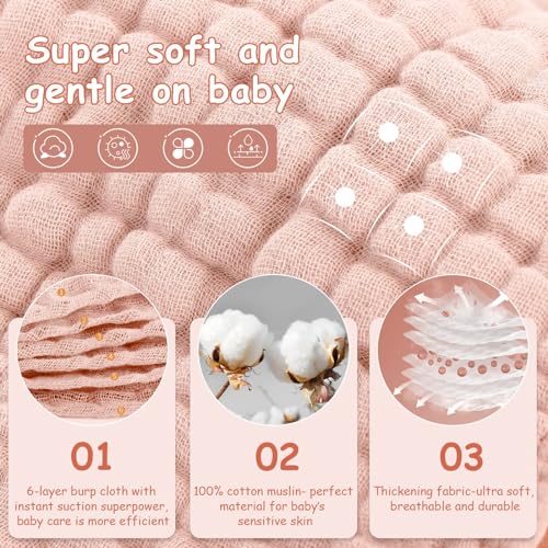 Image of Looxii Muslin Burp Cloths 100% Cotton Muslin Cloths Large 20''x10'' Extra Soft and Absorbent 6 Pack Baby Burping Cloth for Boys and Girls Shell Pink