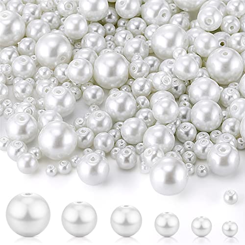 Sureio 1000 Pcs Glass Pearl Beads for Jewelry Making 6 Sizes Seed Pearl Bulk Tiny Satin Luster Round Loose Faux Pearl Beads with Holes Beads for DIY Necklace Bracelet Earring Decor(White)
