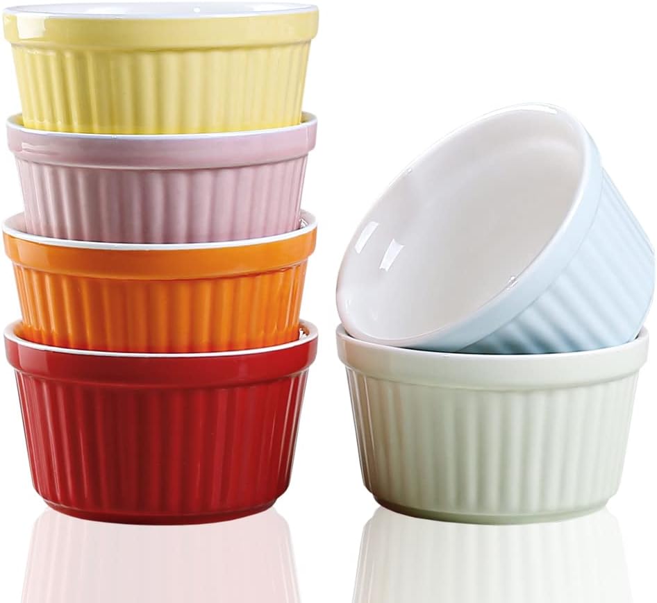Ramekins 6oz Oven Safe,Creme Brulee Ramekin and Souffle Dishes,Porcelain Baking Bowls,Dipping Sauce Dish.Pudding Cups,Set of 6,Colorful.