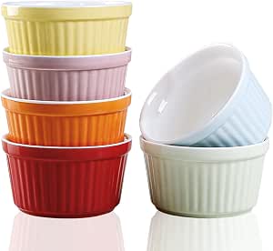 6oz Oven Safe Ramekins - Set of 6, Colorful Porcelain Baking Dishes for Creme Brulee, Souffle, Custard, and More