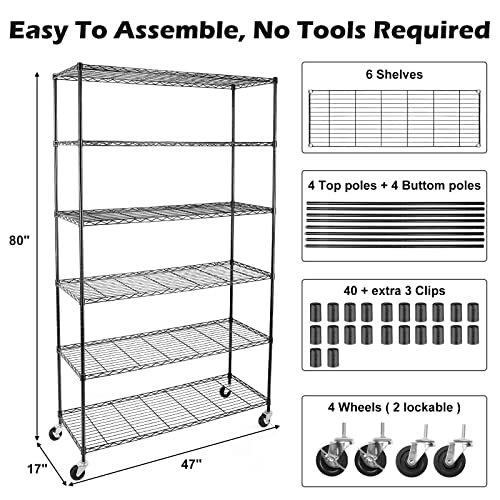 Image of WDT NSF Certified Storage Shelves on Wheels, Heavy Duty Metal Shelves for Storage with Adjustable Stand, 6-Tier Wire Shelving Unit for Garage Pantry Kitchen Shelf Rack(17 inch W*47 inch D*80 inch H), Black