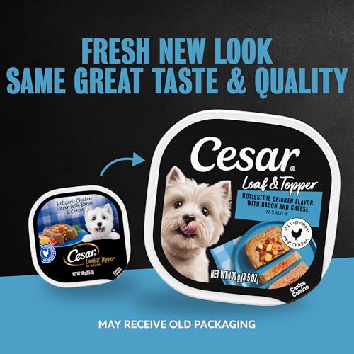 Image of Cesar Loaf & Topper in Sauce Wet Dog Food, Rotisserie Chicken Flavor with Bacon & Cheese, Wet Food for Dogs, 3.5 oz Easy Peel Trays, 24 Count (Pack of 2)