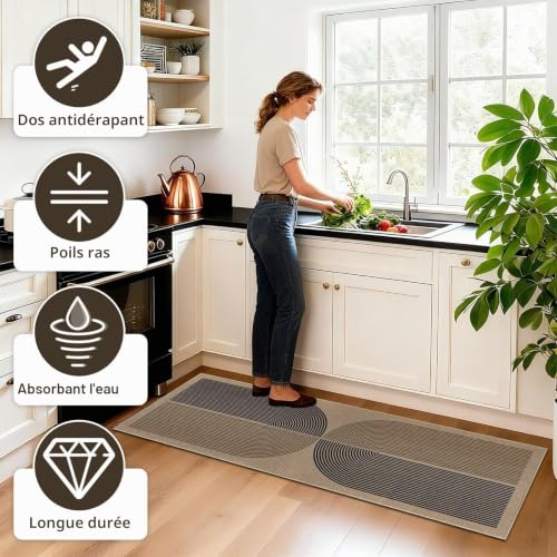 Capslpad Lot de 3 tapis de cuisine antidérapants aspect jute lavables style bohème pour buanderie et couloir, noir et marron (50 x 80 cm + 50 x 120 cm + 50 x 150 cm) – vue 3