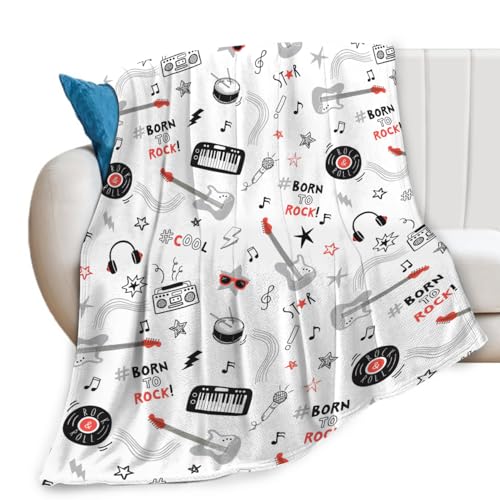 Rock and Roll Band Throw Blanket Music Electric Guitar Piano Drum Print Blankets Gifts Couch Sofa Bed Stuff Decor Soft Cozy Fleece Plush Flannel Bedding for Lover Men Women Musician Adults 40"x50"