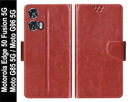 Image of SBMS Flip Cover for Motorola Moto Edge 50 Fusion 5G / Moto G96 / Moto G85 Flip Cover Case Back Cover Case with Magnatic Closure | Inbuilt Stand | Card & Money Pocket (Brown)