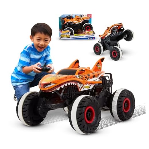Hot Wheels Monster Trucks Coche de juguete Radio Control teledirigido Tiger Shark Unstoppable, vehículo todoterreno, +3 años (Mattel HGV87)