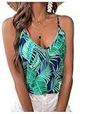 SOLY HUX Women's Tropical Print Cami Top V Neck Spaghetti Strap Summer Vacation Tops Camisole Green Leaf Medium