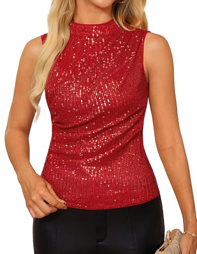Seqin Tank Tops for Women Dressy, Glitter Sparkly Shirts Party, Cami Crop Vest, Shimmer Blouse Red Medium