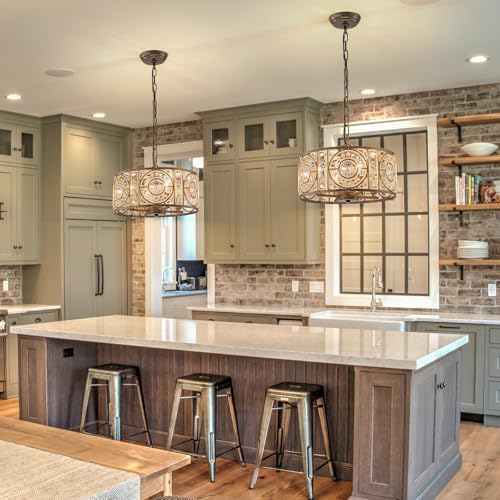 Image of Bronze Vintage Crystal Chandeliers for Dining Room 14.17 inch Drum Pendant Lights, Dining Room Light Fixtures Over Table, Hanging Chandelier for High Ceiling Kitchen Island Living Room Foyer