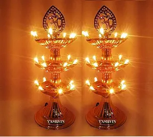 YASHVIN Plastic Electric Pooja Diya Light LED Lamp Deepak 3 Layers for Diwali Festival (Golden) Pack of 2 MADE IN INDIA || BSHS-2415
