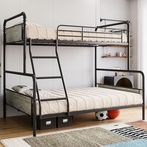 GarveeHome Metal Bunk Bed Twin Over Full Size with Angled Ladder, High Guardrail, Heavy Duty Bunk Bed Frame with Metal Slats, Smooth Rounded Edges, for Kids, Teens, Adults, Black+Grey