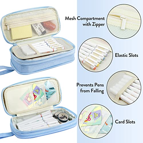 Wemate Large Pencil Case, Foldable Pencil Pouch With Zipper Compartments & Handle, Aesthetic Pencil Case For Adults, Pencil Bag Pen Case For Office Light Blue #TOP4