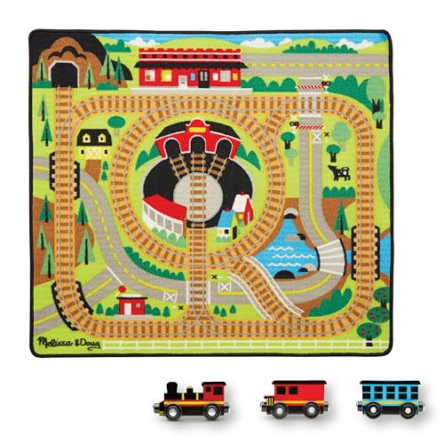 Image of Melissa & Doug Round The Rails Train Rug with 3 Linking Wooden Train Cars (39 x 36 inches)