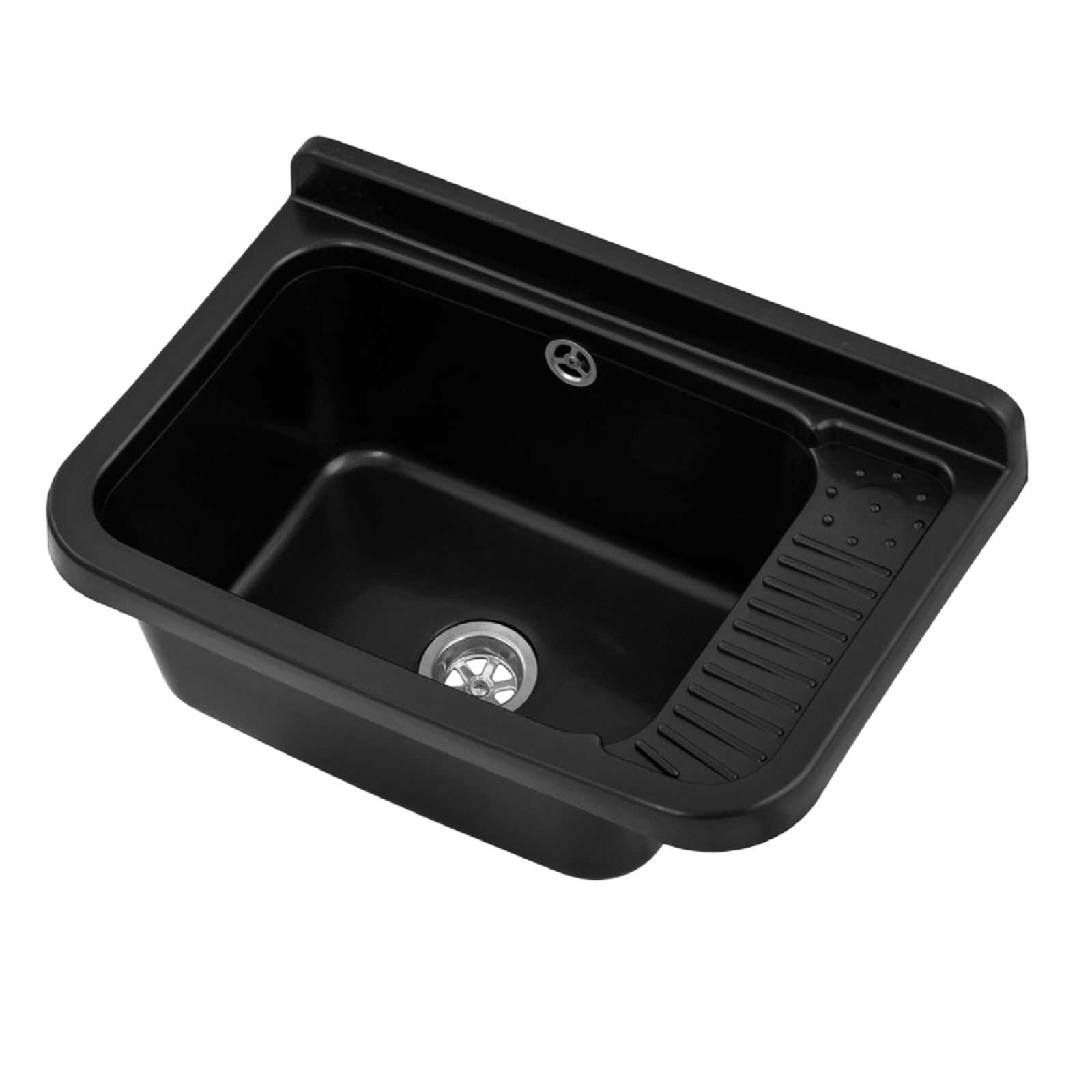 QLS Fregadero plástico 50,8x33,8 cm con sifón y kit negro | Para garaje, taller y lavadero. Resistente al calor, fácil de limpiar, interior/exterior, con kit de montaje