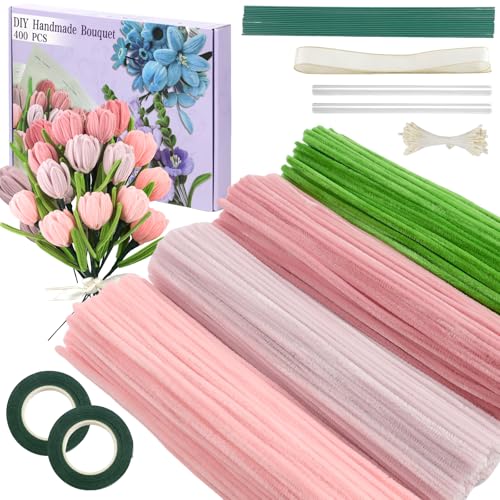 400 Pcs Pipe Cleaners Craft,4 Assorted Colors Pipe Cleaners Bulk, Chenille Stems for DIY Flower Making Kit with Floral Wires, Gardening Tape,Stamen& Ribbon (Pink)
