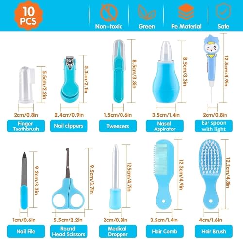 Image of Baby Care Kit 10 in 1 Newborn Grooming and Healthcare Set with Nasal Aspirator Finger Toothbrush Ear Spoon Light Nail Clippers Scissors Hair Brush Comb for Infants(Pack of 1)