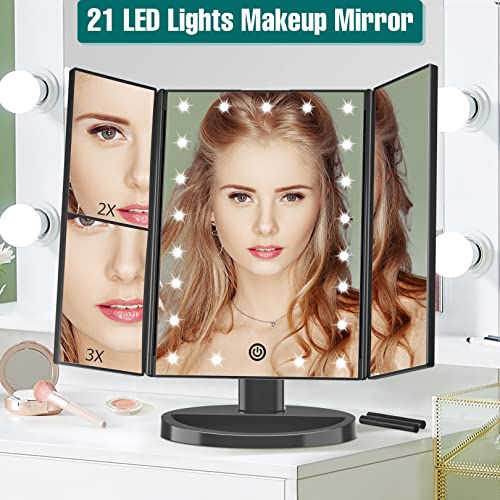 Fascinate Lighted Makeup Mirror, Feature 21 Bright Led Lights, Dimmable Brightness, One Touch Power Switch, Multiple Magnifying Option (3X/2X/1X) Trifold Led Vanity Mirror, 180 Degrees Rotaion (Black) #TOP1
