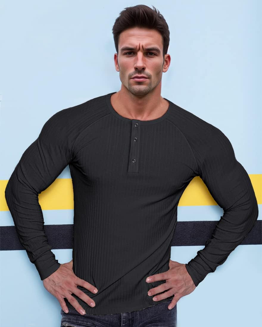 Men's Cotton Muscle Henley Shirts Slim Fit Long & Short Sleeve T-Shirt Stretchy Casual Stylish Ribbed Tee - Image 6