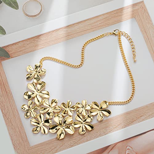 Tovaba Gold Statement Necklace，Gold Plated Floral Flower Necklace Leaf Short Chunky Collar Bib Necklace Fashion Costume Jewelry Gift For Girl And Women #TOP2