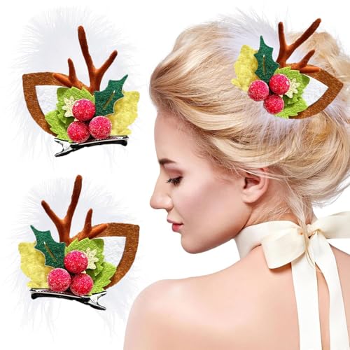 1PCS Christmas Hair Clips Reindeer Antlers Hair Accessories - ZWENJIE Cute Brown Antlers Ears Hair Holder With Leaf Red Fruit Hairwear Holiday Headband Christmas Hairpins Deer Horns Barrette Kit