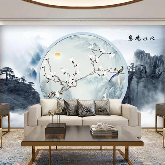Fond d'écran style chinois pour agrandir un salon avec paysage fleurs 3D 250x175