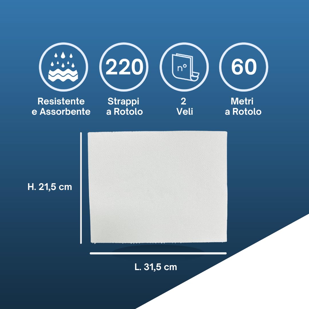 12 Rotoli Asciugamani Carta, 2 Veli in Pura Cellulosa, 220 Strappi, 21,5 x 31,5 cm (1 Pack)