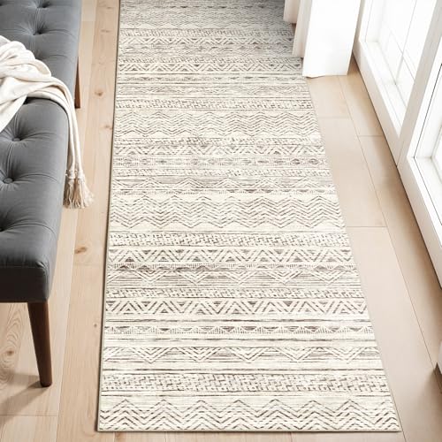 2x6 Washable Hallway Runner Rug - Moroccan Non-Slip Indoor Table Long Runners for Entryway Soft Low Pile Neutral Rugs for Kitchen Waterproof Geometric Carpet for Bedroom Bathroom Laundry 2x6 Beige