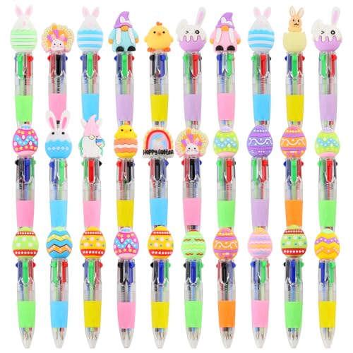 30 Stück Ostern Mehrfarbiger Kugelschreiber 4 in 1 Multicolor Stift Set 10 cm Ausziehbar Kugelschreiber mit 3D Figuren Aufsatz 0.7 mm Spitze als Geschenk für die Schule Mitgebsel für Partytüten