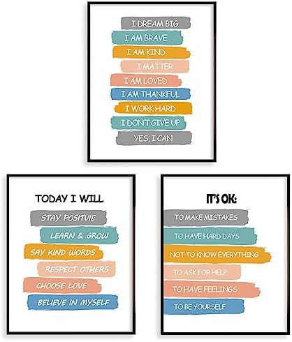Positive Affirmations Poster for Kids - Classroom Decor - Kids Encouragement Wall Art - Motivational Inspirational Wall Decor for Boys' Girls' Bedroom Nursery - Unframed Prints Set of 3 (8" x 10")