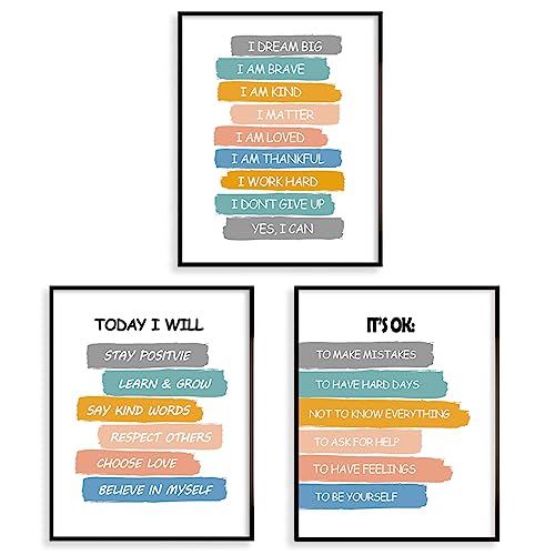 Positive Affirmations Poster For Kids - Classroom Decor - Kids Encouragement Wall Art - Motivational Inspirational Wall Decor For Boys' Girls' Bedroom Nursery - Unframed Prints Set Of 3 (8" X 10") #TOP3