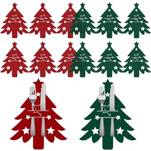 Ovanda 12 Stück Besteckhalter Filz Weihnachten,Besteckbeutel Weihnachtsbaum Tischdeko, Bestecktasche Weihnachten,Weihnachts Messer Gabeln Löffel...