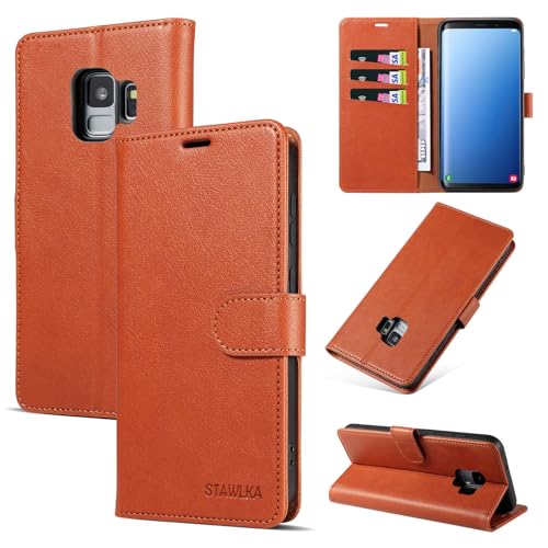 STAWLKA Funda para Samsung Galaxy S9 Plus, piel sintética de alta calidad, con hebilla magnética, bloqueo RFID, a prueba de golpes, funda protectora para Samsung Galaxy S9 Plus, color marrón