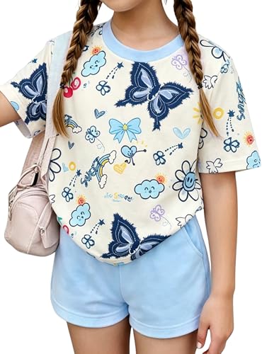 Image of Girls Clothes 2PCS Butterfly Print Short Sleeve T-Shirt + Shorts Set Teen Tween Girls Summer Outfits Set