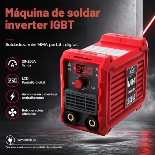 Miniatura 8 de Mini Soldador Inverter Mma, 220v 250a Maquina De Soldar Electrodo Portátil Soldador Arc, Compacta Soldadora De Electrodos Con Tecnología Igbt, Hot Start, Anti-Stick, Pantalla Led Para Bricolaje