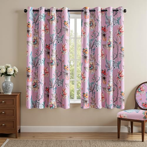 Image of MYSKY HOME Floral Blackout Curtains 63 Inch Long Bedroom Black Out Thermal Insulated Privacy Protect Curtain Flower Patterned Fancy Cottage Core Grommet Drapes for Girls Room Nursery, Pack-2, Pink