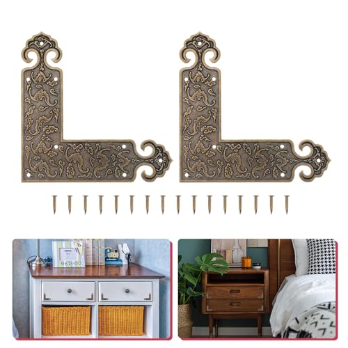 Image of Decorative Corner Protectors 2Pcs Brass Furniture Corner Guards L Shape Retro Embossed Cabinet Edge Protectors for Tables Jewelry Boxes