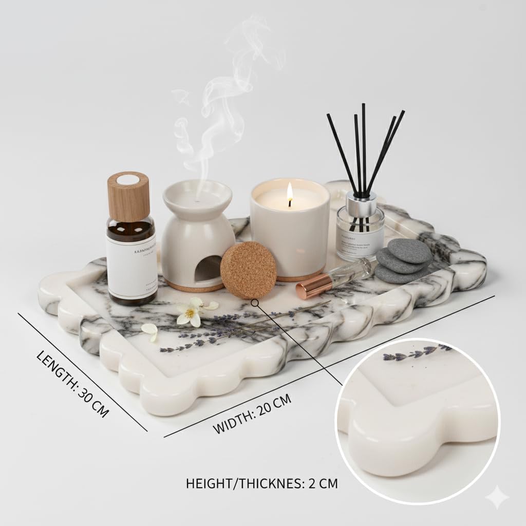 Wave Edge Rectangular Marble Tray for Home Decor for Bathroom/Kitchen/Vanity/Dresser Non-Resin (arabescato, 11.4“*7.8”) - Image 2