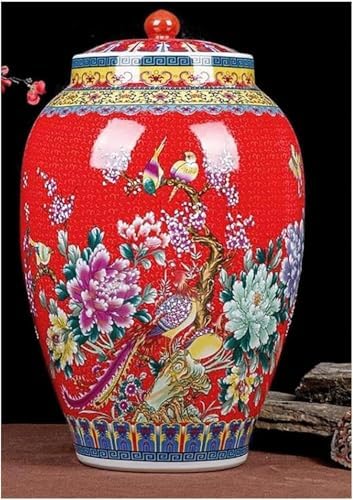 Ceramic Rice Container with Lid Chinese Design Rice Bucket Grain Dispenser Large Food Airtight Storage Jar(Green,25KG)
