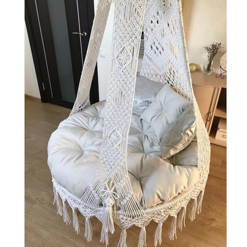 Image of Macrame Hanging Chair Swing with Cushion | Handmade Boho Hammock Chair for Adults & Kids | Indoor Outdoor for Balcony, Living Room, Bedroom, Patio & Garden (Off White)