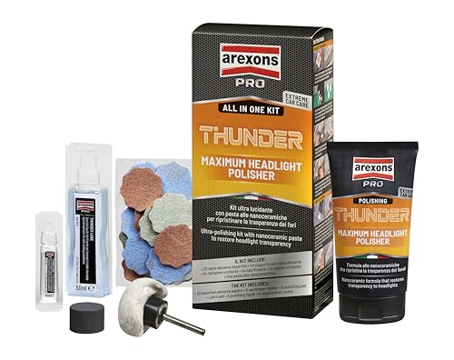 KIT COMPOSTO DA: THUNDER POLISHING 150g: per ripristinare i fari da moderatamente a profondamente opacizzati; THUNDER LUBE 50ml: speciale liquido lubrificante per lavorare in totale sicurezza; THUNDER GLOSS 5ml: finitura per far brillare i fanali rinnovati; Supporto in gomma: per lavorare al meglio con le carte abrasive; Tampone in lana: per rifinire in modo professionale la lucidatura del faro; Carte abrasive: 3 differenti gradi di carte abrasive (1500 – 3000 – 5000) con tecnologia Ceramica.