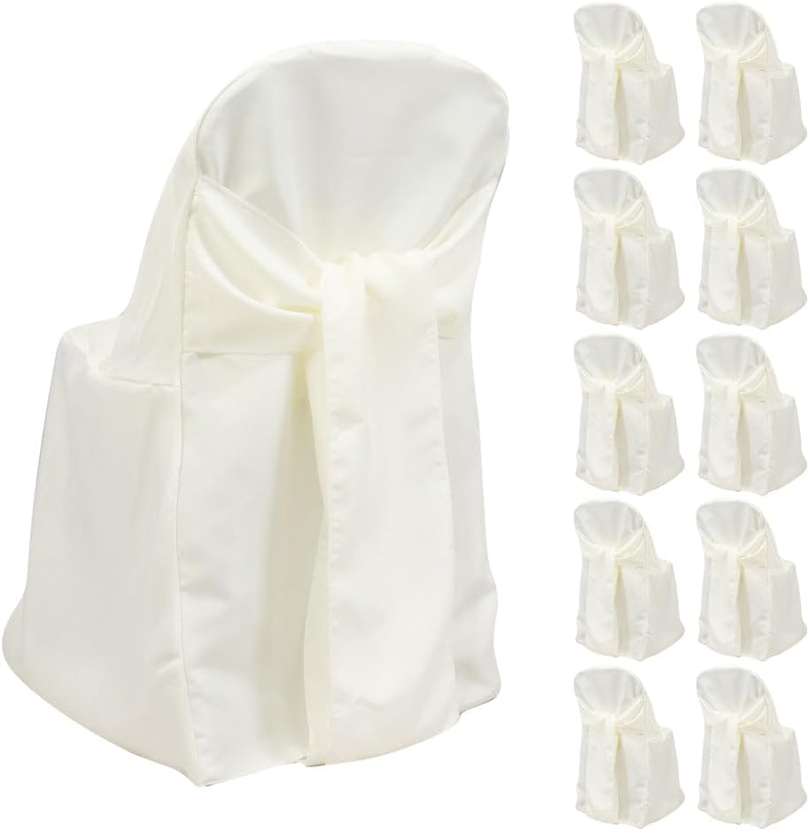 Efavormart 10 Pack Ivory Linen Polyester Folding Chair Covers for Party Dining Chairs Reusable Wedding Chair Slipcovers with Attached Sashes Outdoor Event Decor