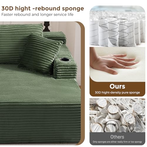 Image of 133 inch Oversized Cloud Boneless Sofa Couch with Chaise, Modern Corduroy U Shaped Modular Sectional Sofa with Deep Seat, Comfy Couch with Cupholders and Storage, No Assembly Required-Green